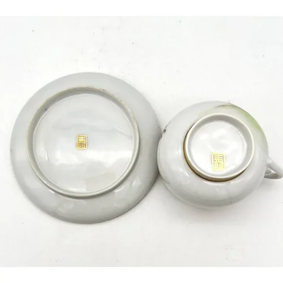 Vintage Japanese Geisha Lithophane Demitasse Teacup Saucer Cherry Blossoms Gilt - Picture 6 of 8